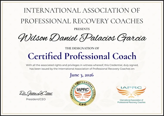 Certificado «Certified Professional Coach» otorgado a Wilson Daniel Palacios García por la International Association of Professional Recovery Coaches (IAPRC) el 3 de junio de 2026